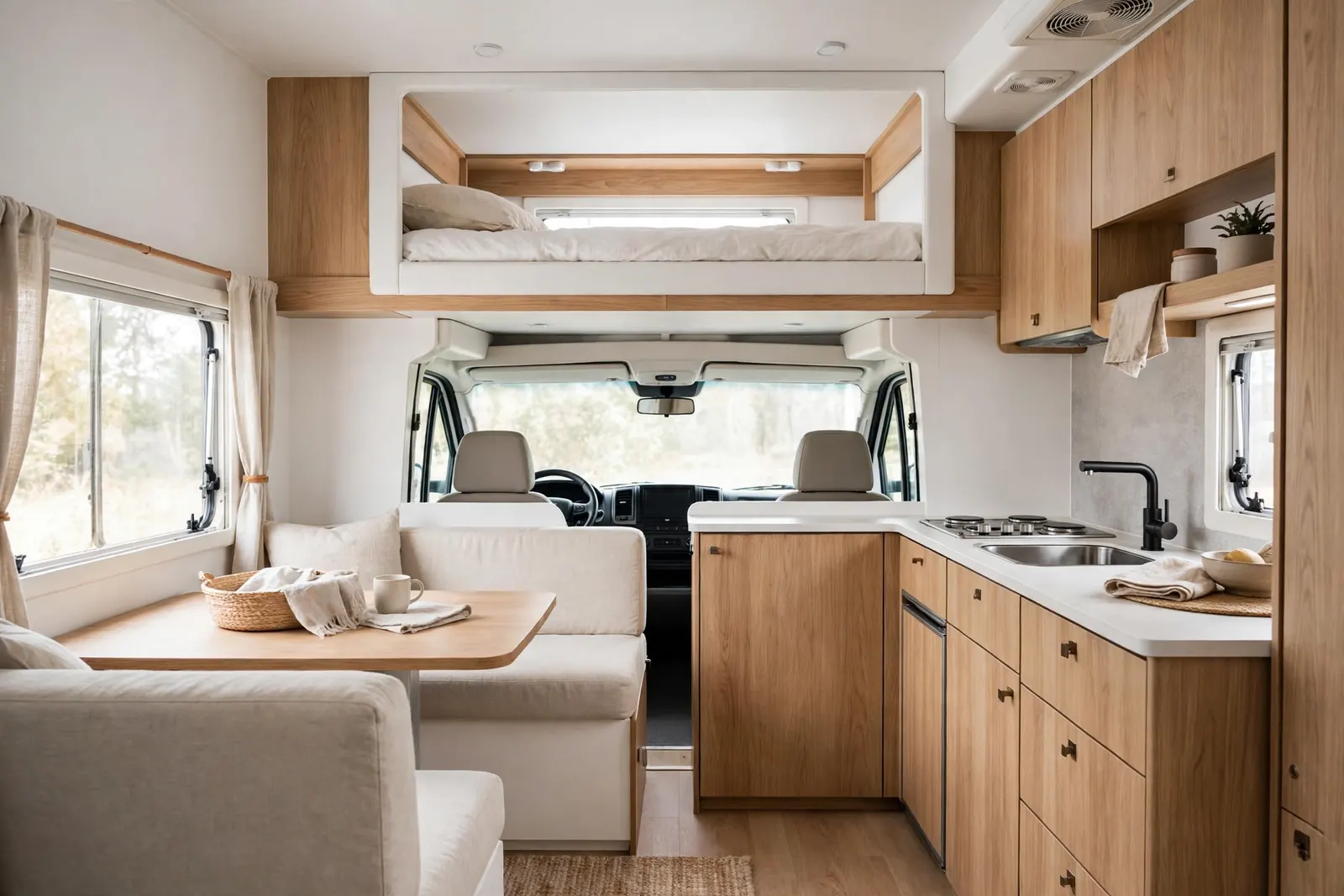 A calm Scandinavian-minimal renovated Class C motorhome interior with light oak cabinetry, white walls, simple natural linen upholstery, uncluttered surfaces, and a crisp white cab-over bunk.
