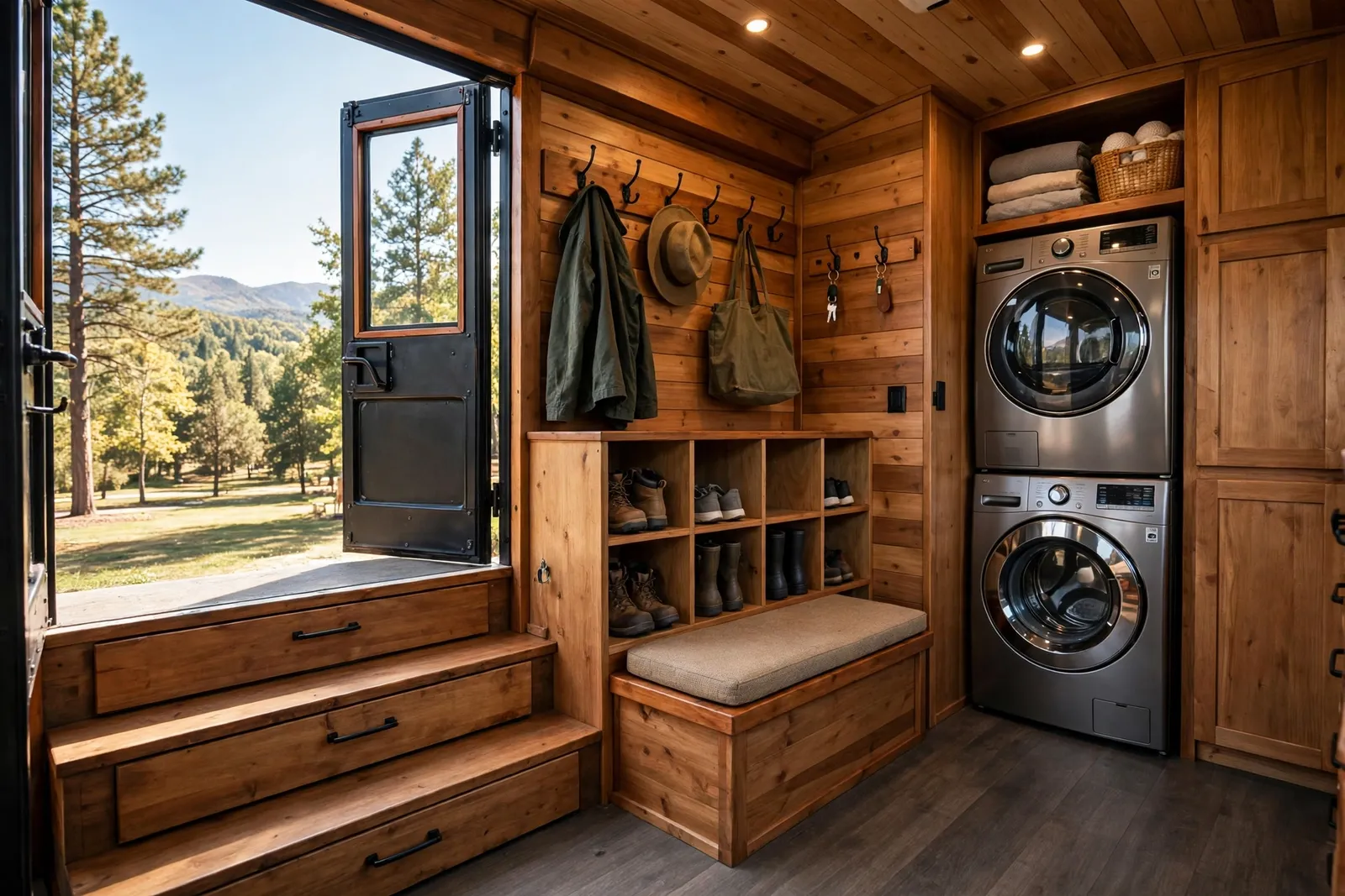 Entry mudroom with stacked washer dryer in a skoolie bus conversion