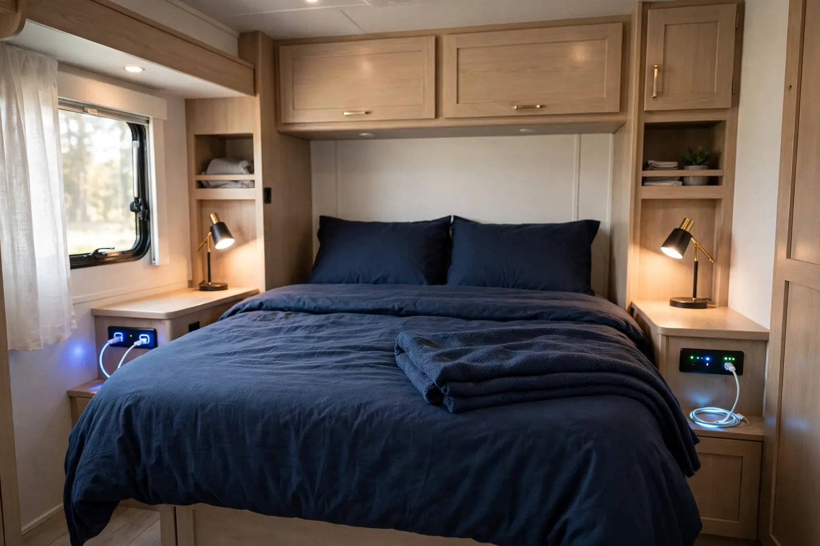 Photorealistic RV bedroom with queen bed flanked by built-in nightstands with small lamps and charging ports