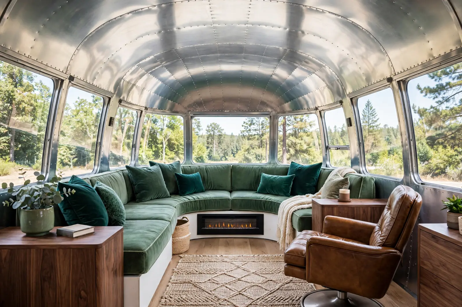 Renovated vintage Airstream front lounge with custom curved emerald velvet sofa wrapping panoramic windows