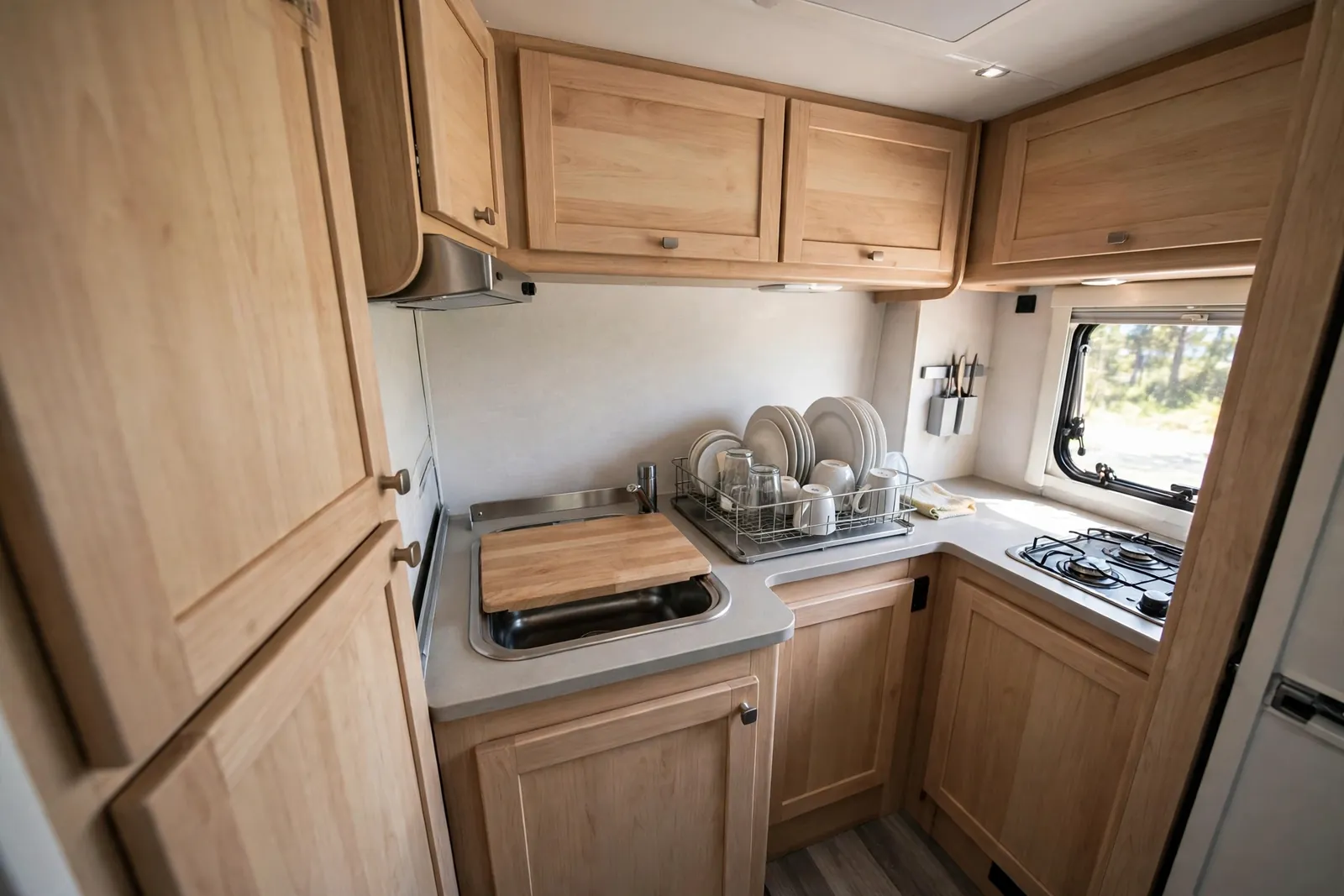 RV galley kitchen with a wooden cutting board fitted over the sink and a compact dish rack