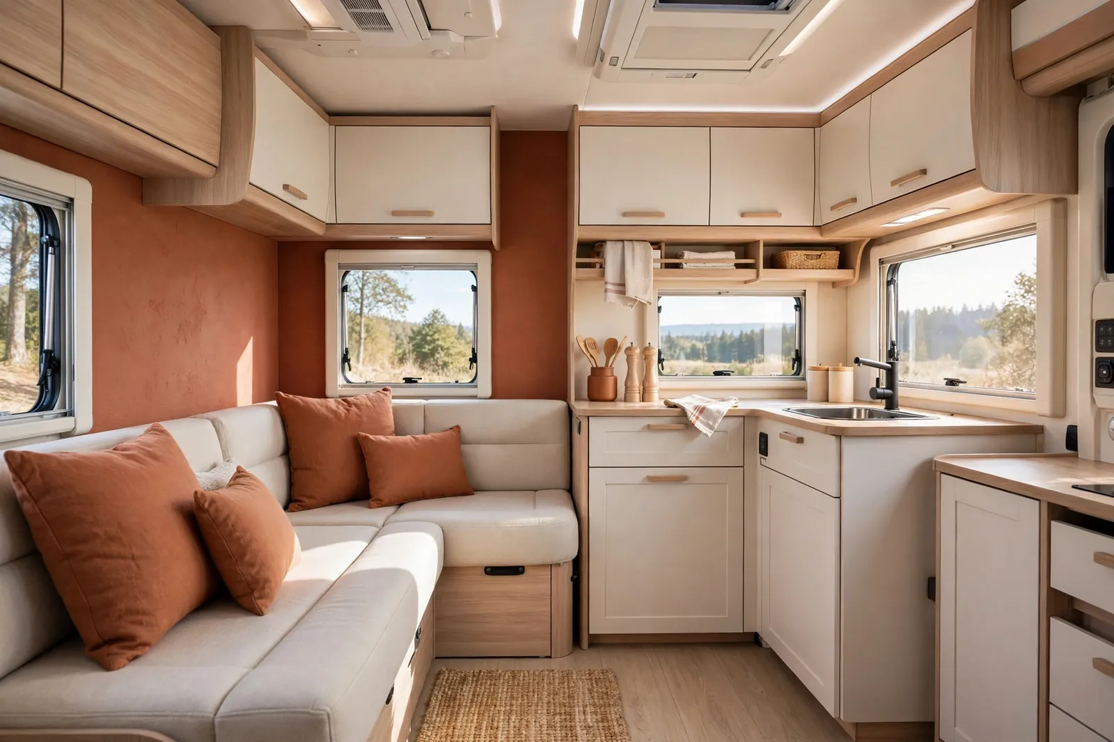 Terracotta and soft cream motorhome interior