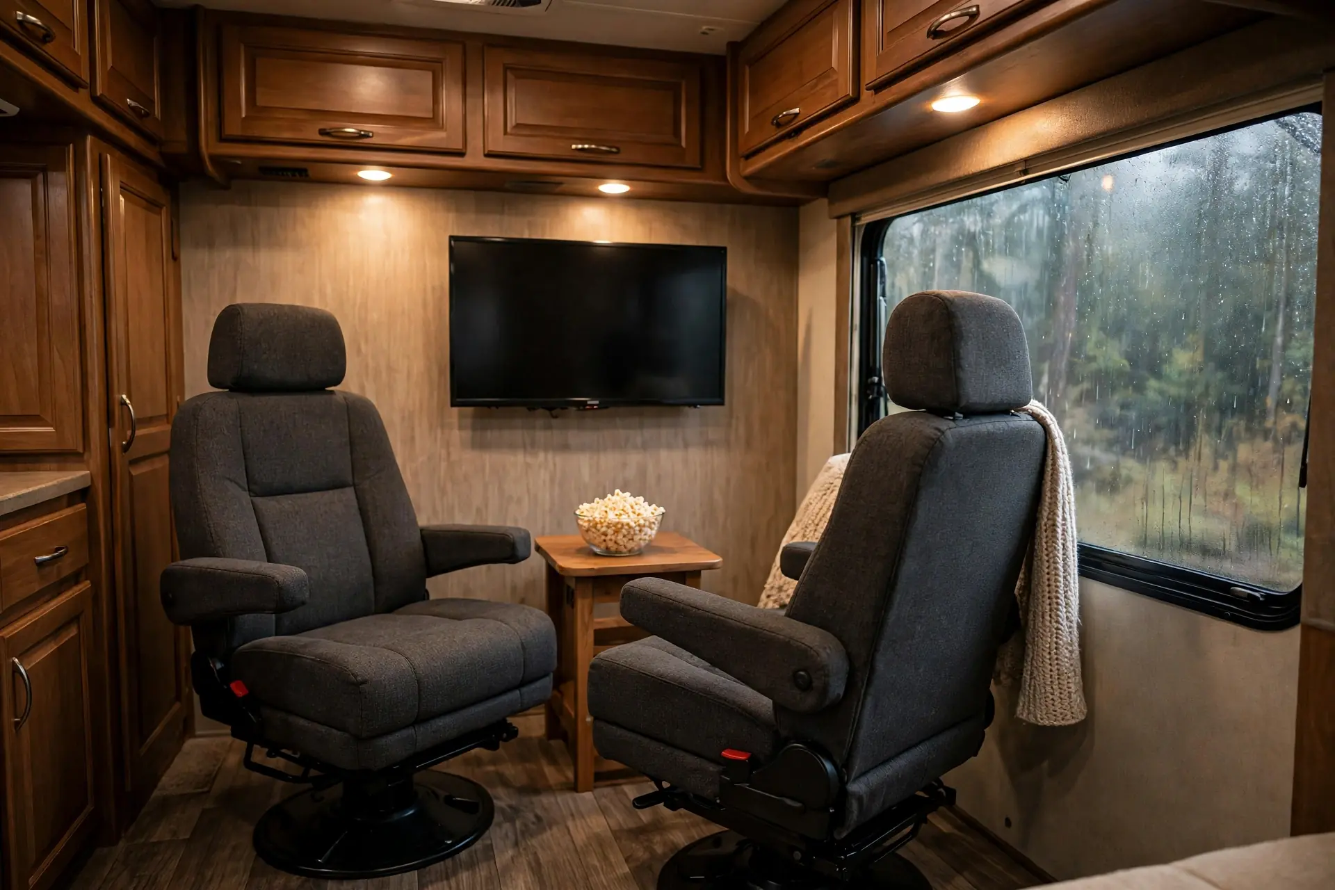 Compact RV living room with two swivel captain's chairs facing a wall-mounted television