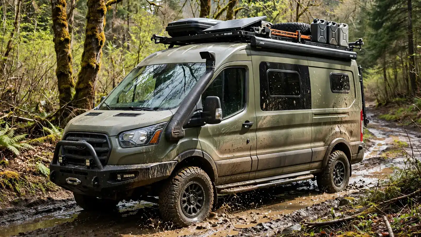 Mud-splattered AWD camper van with snorkel on a muddy forest trail