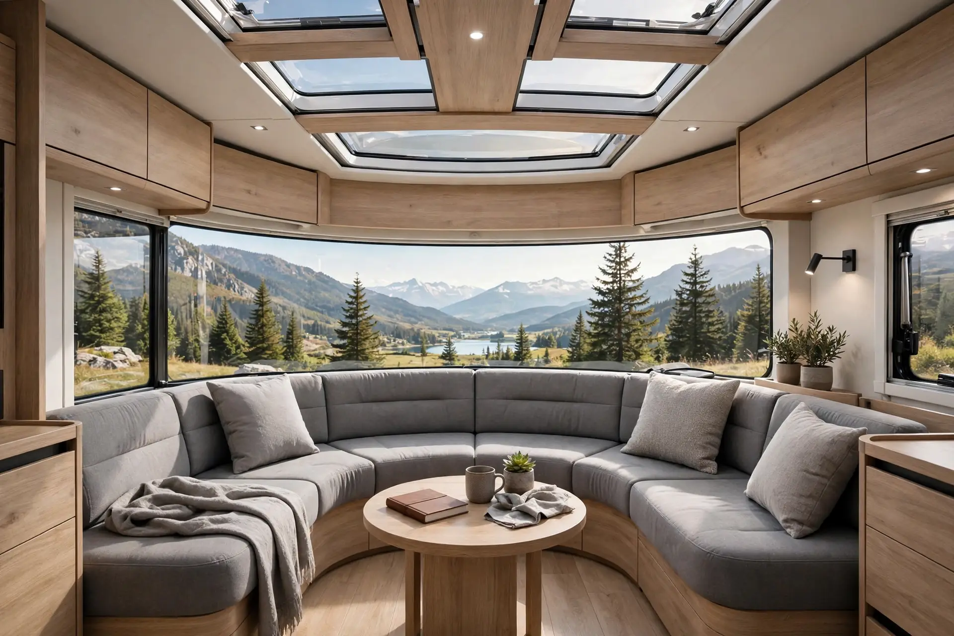 Luxury motorhome sky lounge with curved sofa facing a panoramic window