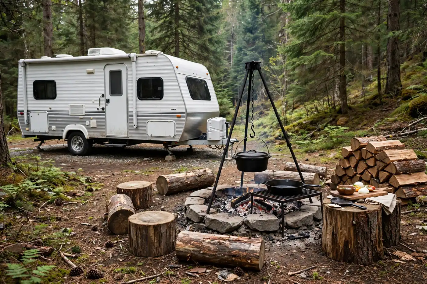 Cast-iron campfire kitchen with tripod and Dutch oven at a forest campsite