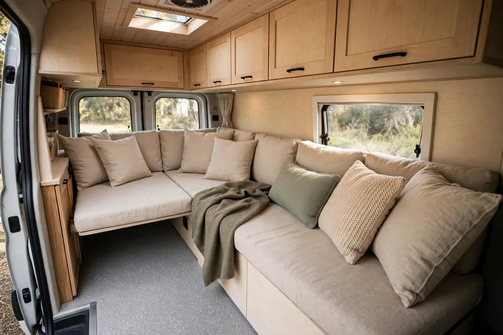L-shaped fixed bed tucked into the rear corner of a camper van, wrapping around the side and rear walls with beige cushions, an olive throw, overhead birch cabinets, and an open floor area beside it