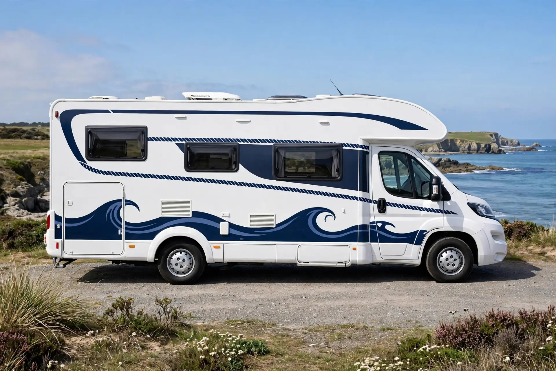 Coastal navy and white nautical motorhome exterior, full side view