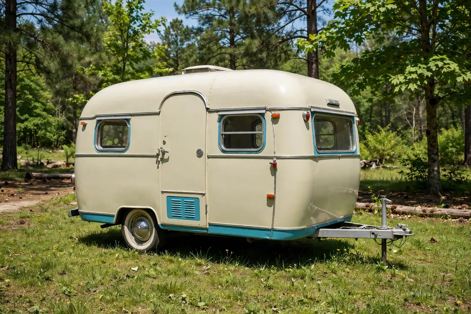 Vintage rounded canned-ham camper trailer in cream and teal, parked at a sunny wooded campsite