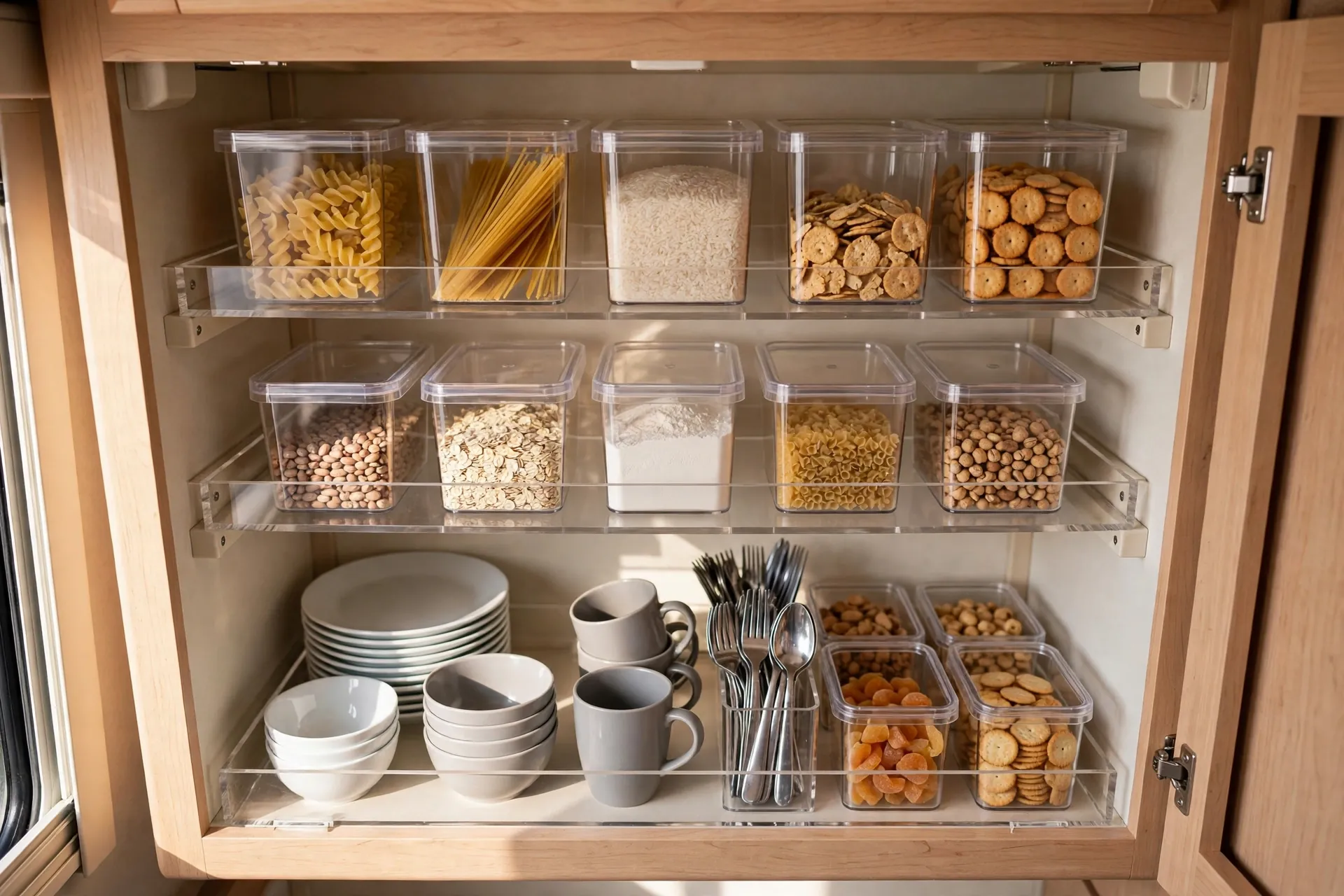 RV overhead cabinet fitted with shelf risers and clear labeled bins