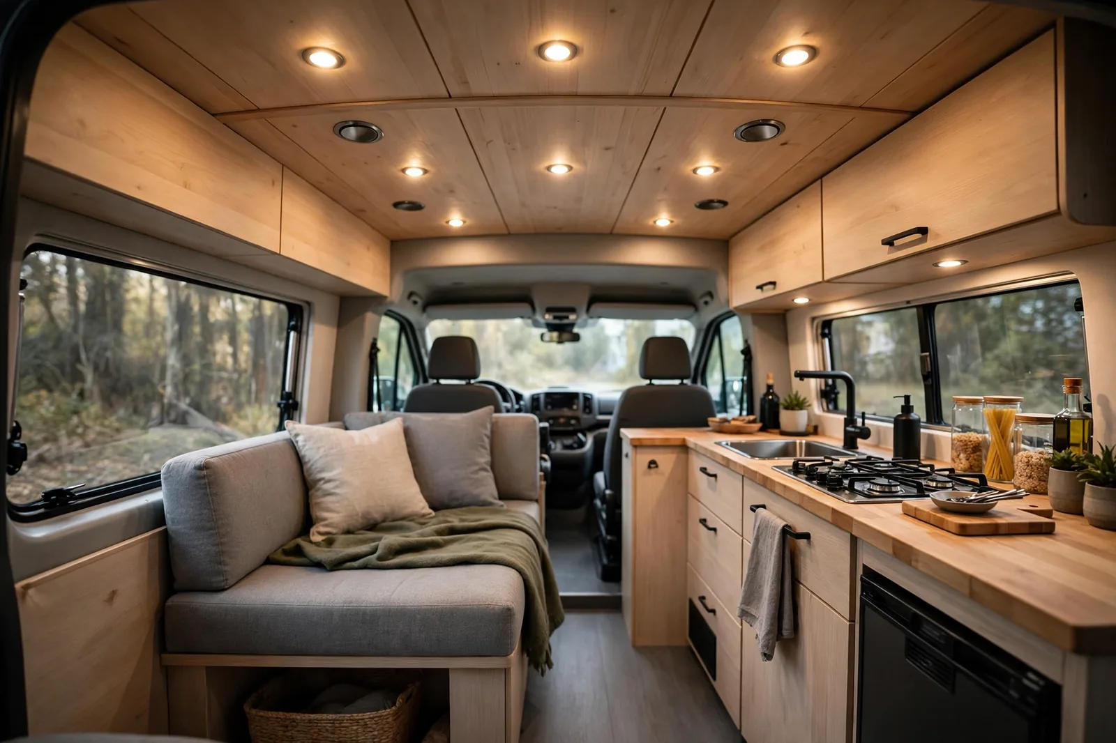 Modern camper van interior with small round dimmable puck lights set into light wood ceiling panels glowing warm over seating and kitchen areas