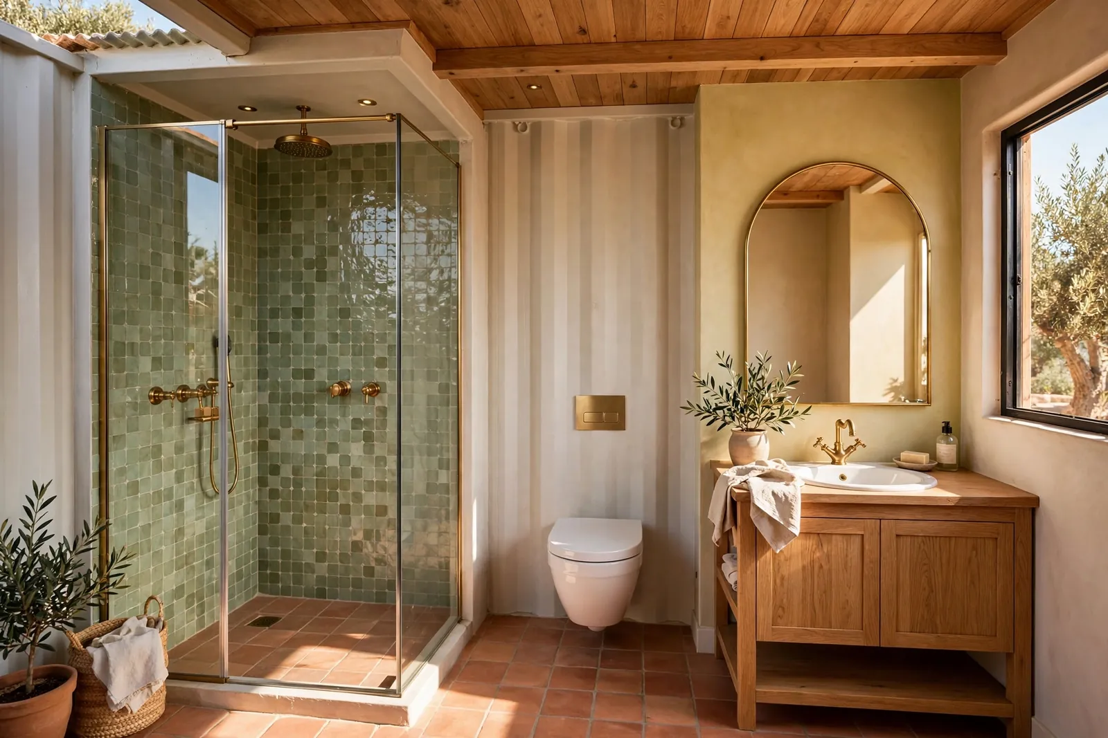 Complete container home bathroom with handmade zellige tile shower, terracotta floor, arched mirror over oak vanity and brass fixtures