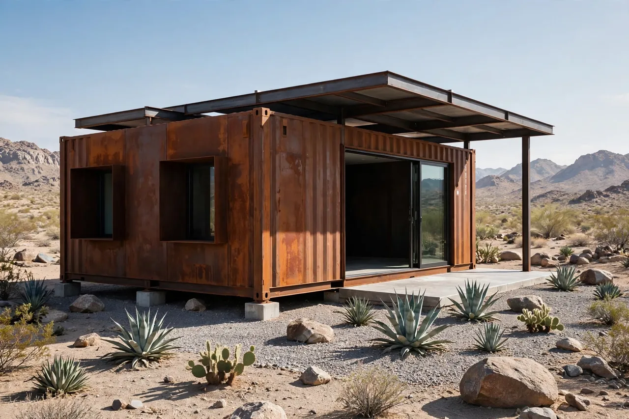 Rust-colored corten steel shipping container studio with shade canopy in a desert yard