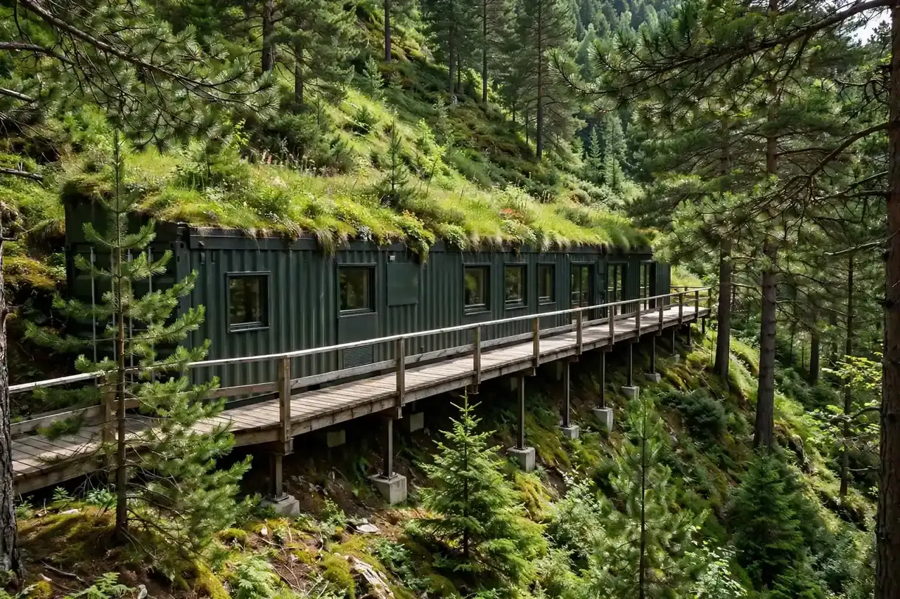 A long dark-green container home parallel to a forested slope on steel posts, with a living green roof and boardwalk deck among the pines.
