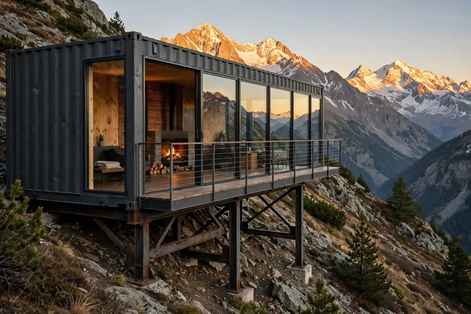 Charcoal-grey shipping container home on a mountain slope raised on visible steel piers anchored into the ground, one entire long side floor-to-ceiling glass with minimal frames facing snow-capped peaks, narrow viewing deck with cable railing, warm wood interior with fireplace glowing in golden hour light