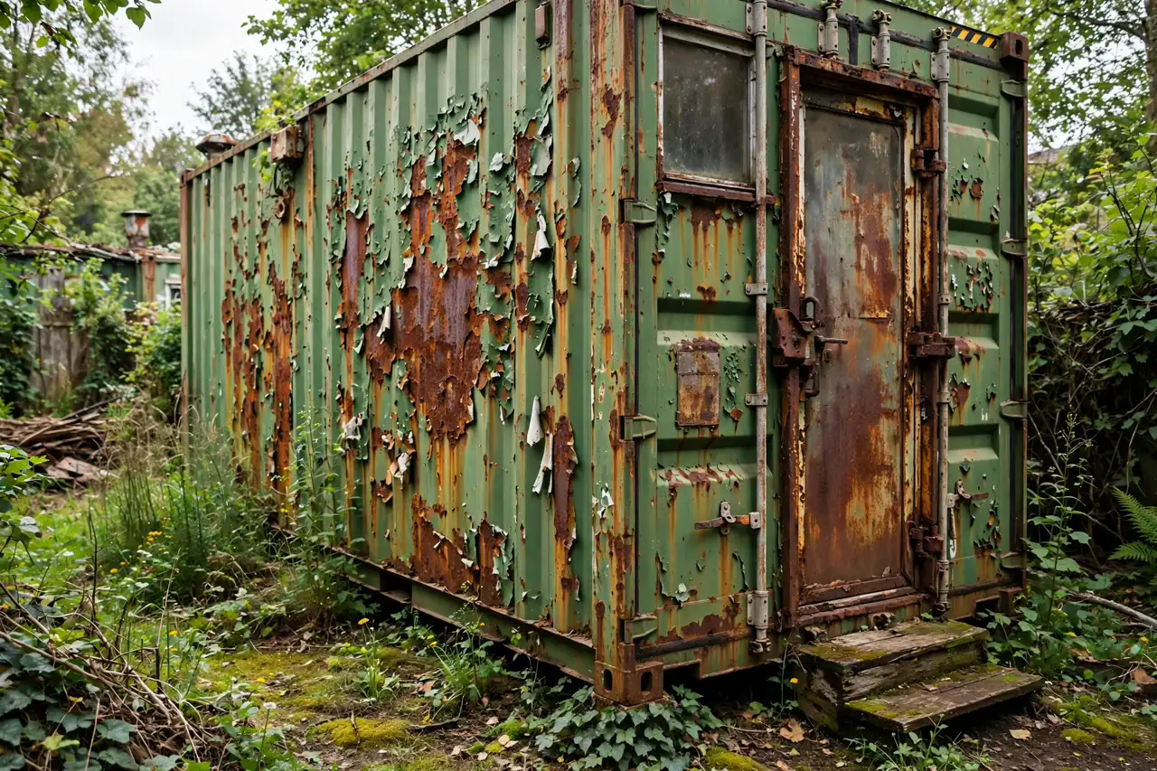 Green shipping container exterior with severe untreated rust patches and peeling paint, overgrown backyard