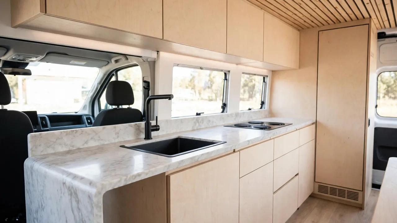 Camper van kitchen with one long continuous counter along the driver side