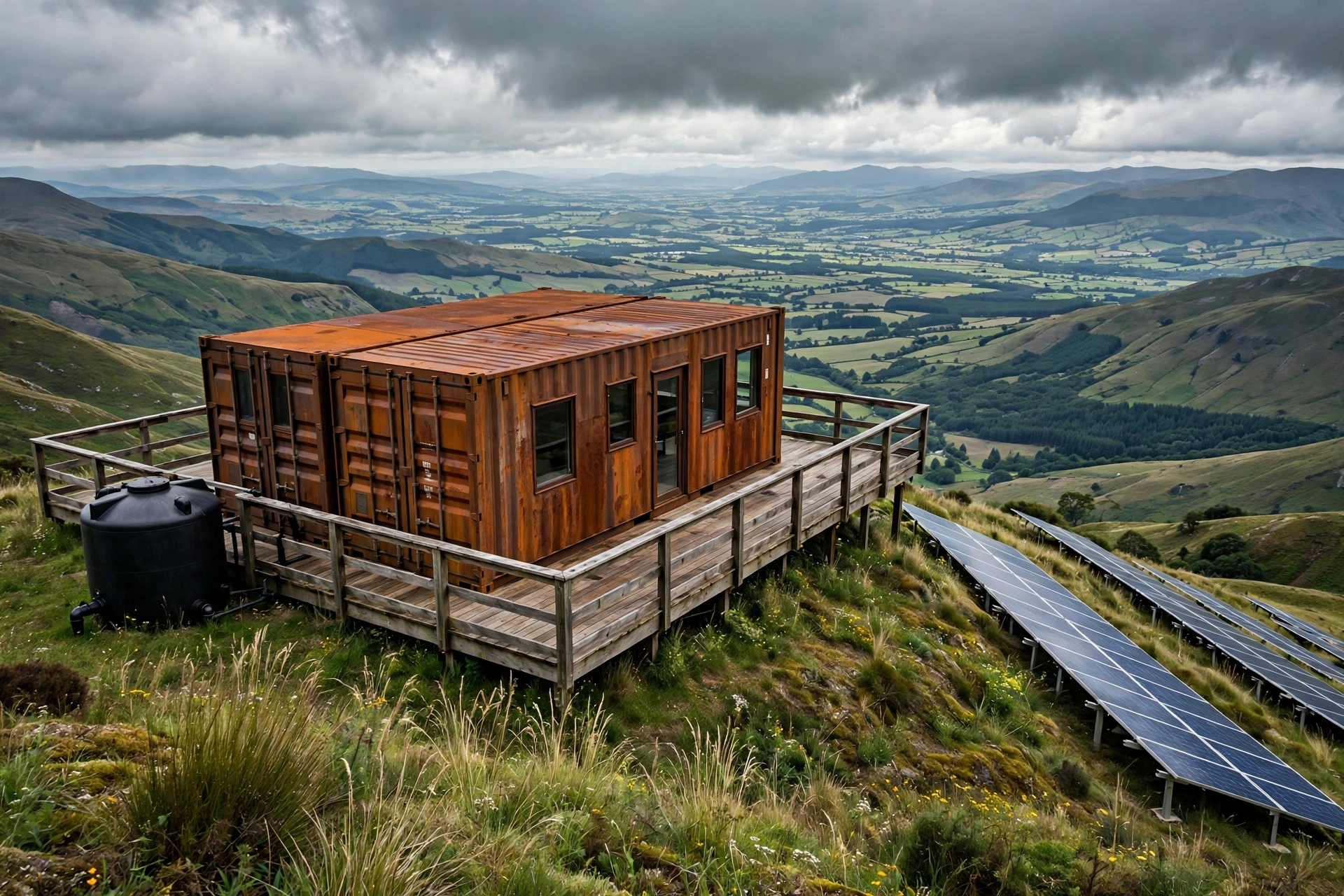 Off-grid rusted corten steel container cabin on a grassy hilltop with a wraparound deck facing the valley, rainwater tank, and solar array