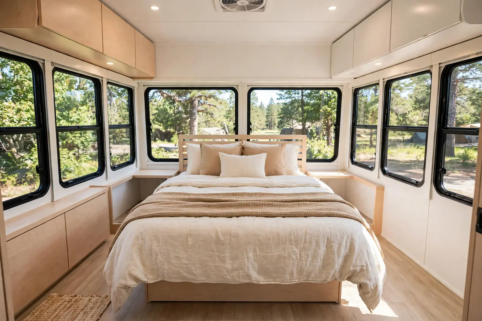 Photorealistic RV bedroom in an extended slide-out with walk-around space on both sides of the queen bed