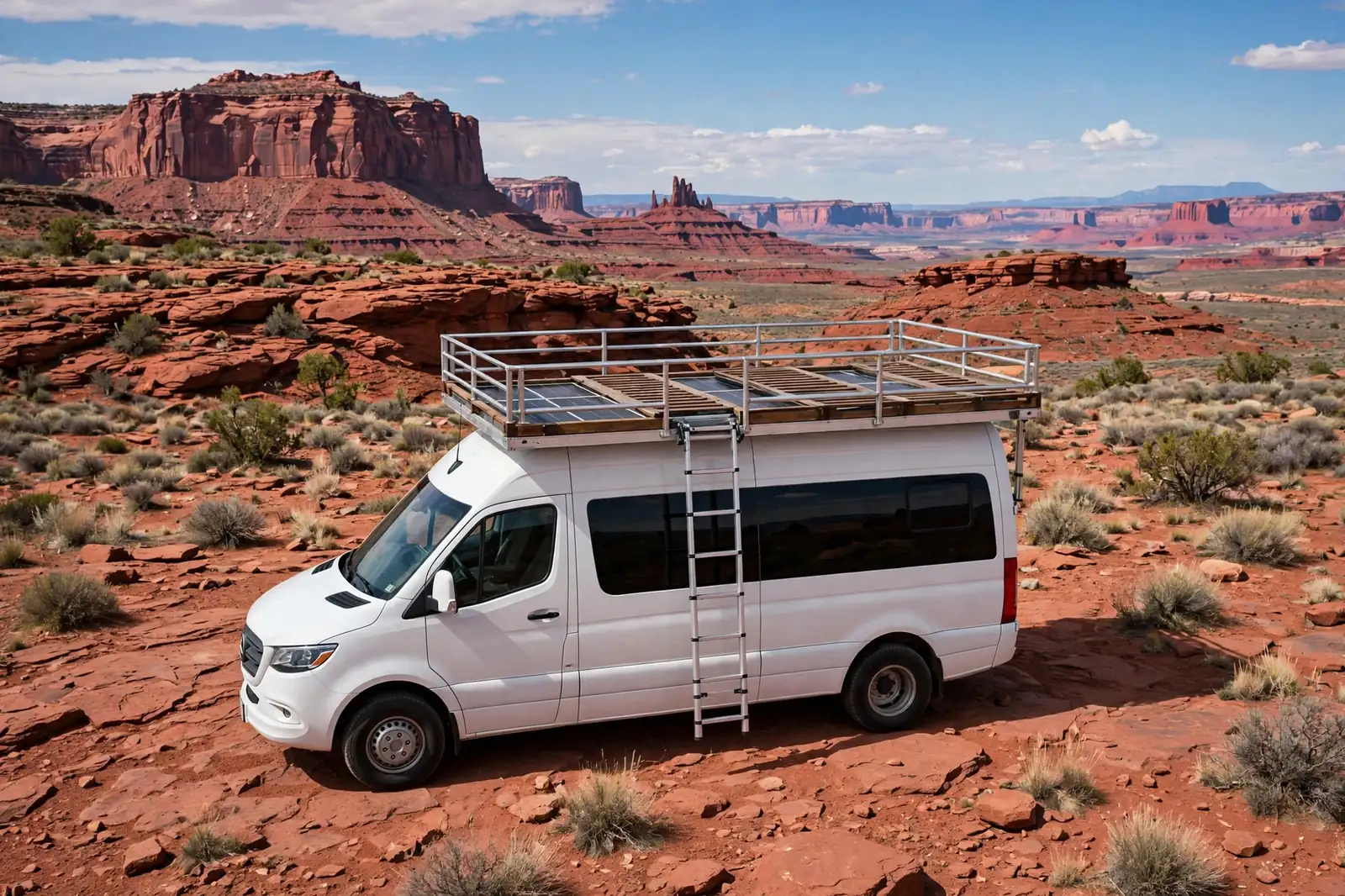 White Sprinter with a rooftop deck hiding solar panels under slatted flooring on a red rock plateau