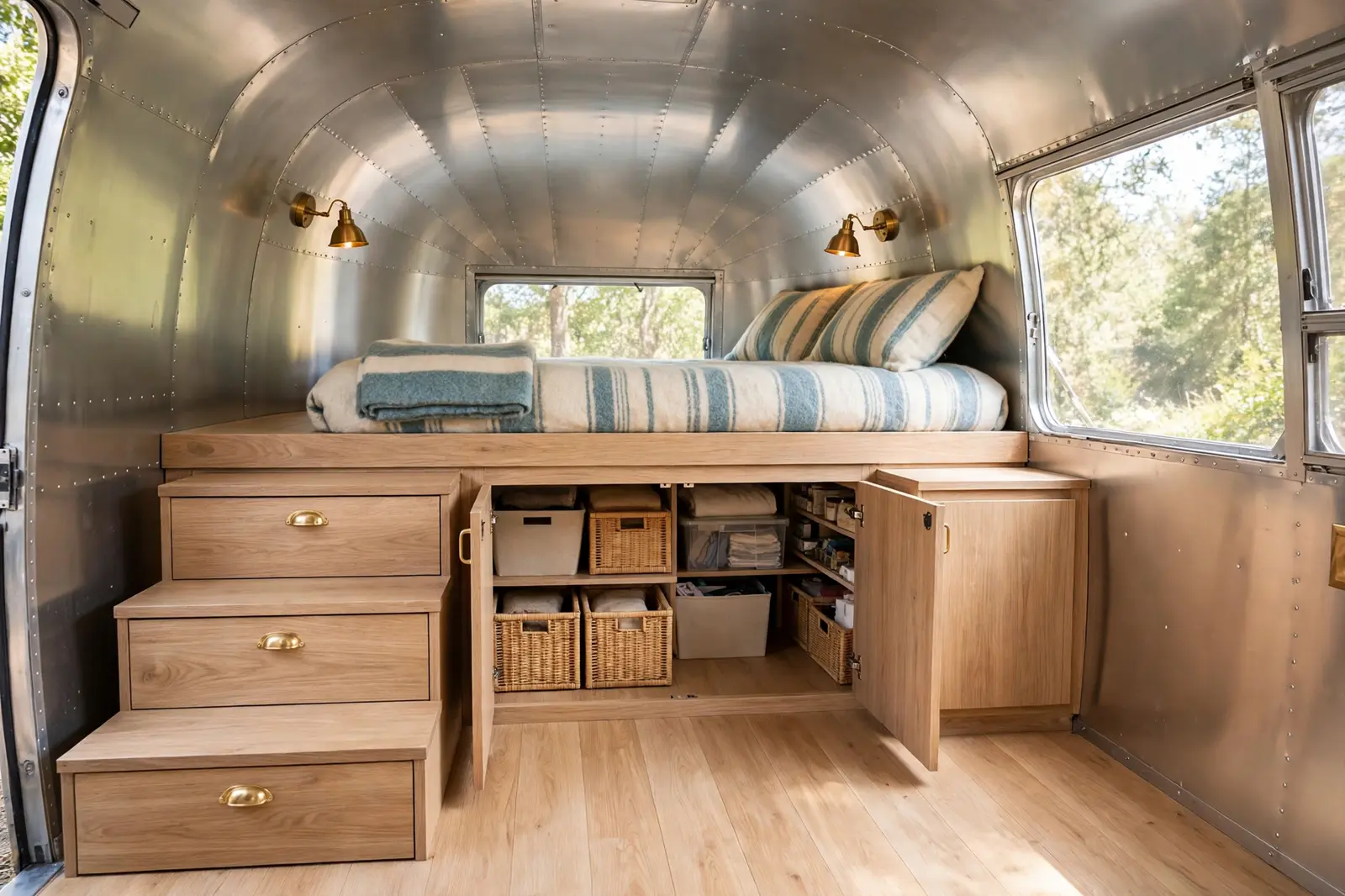 Renovated vintage Airstream sleeping platform with wide storage steps, striped wool bedding, and brass sconces