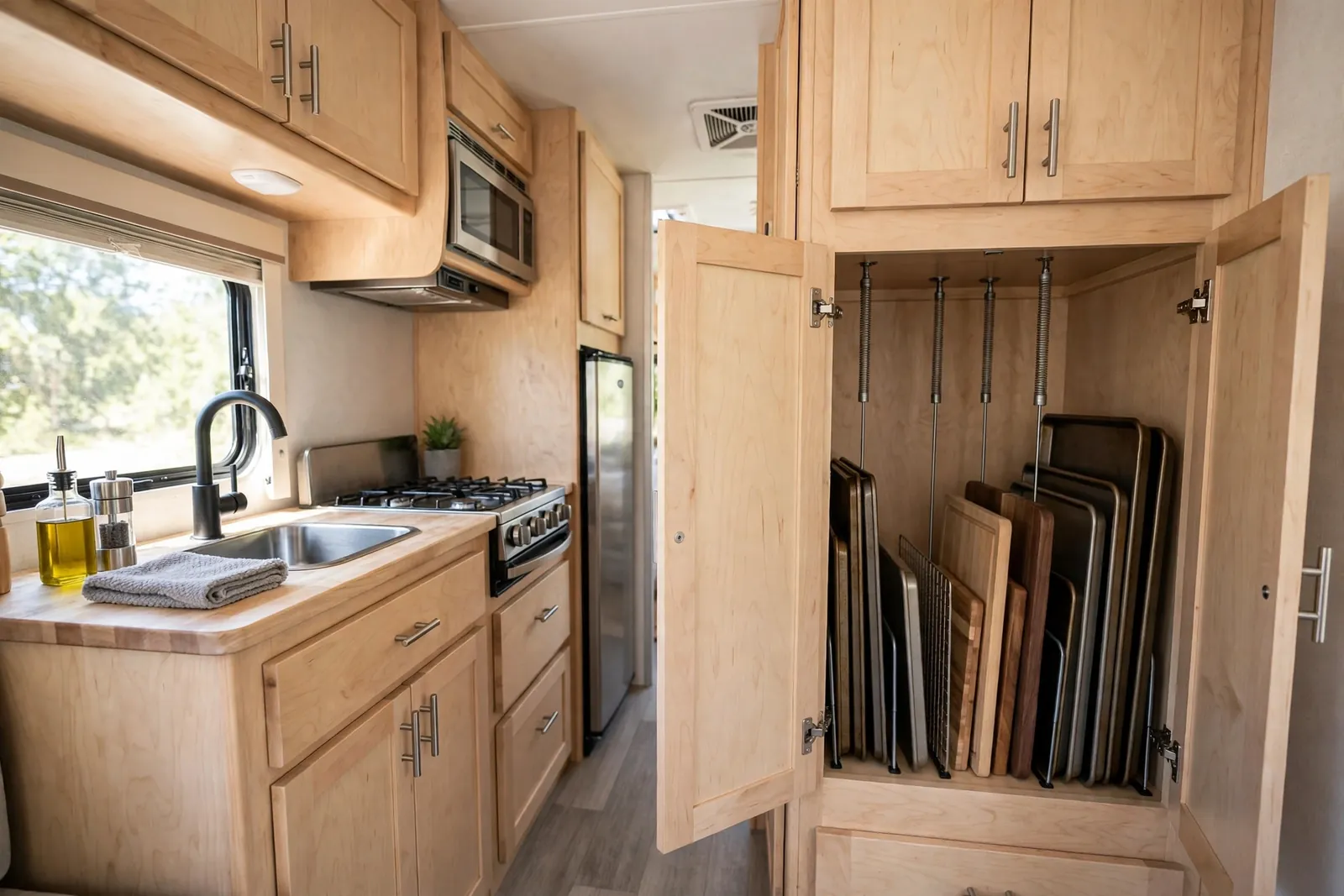 RV galley kitchen with tension rods dividing baking sheets and cutting boards upright in a lower cabinet