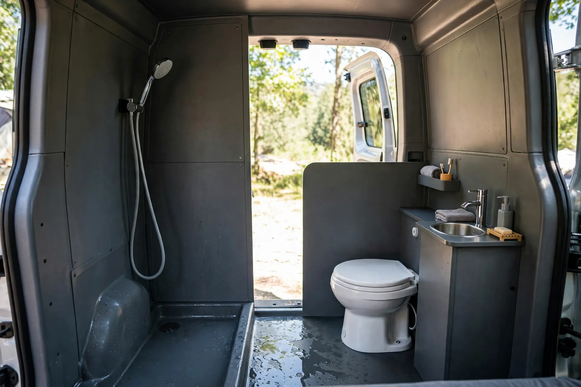 Camper van wet bath at the rear doors with shower hose, toilet and sink in daylight