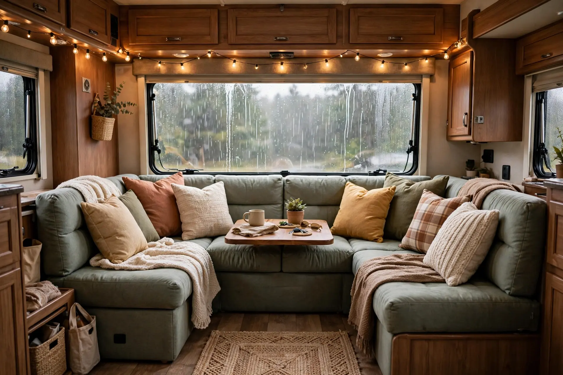 Family RV living room with U-shaped lounge seating around a small table and string lights