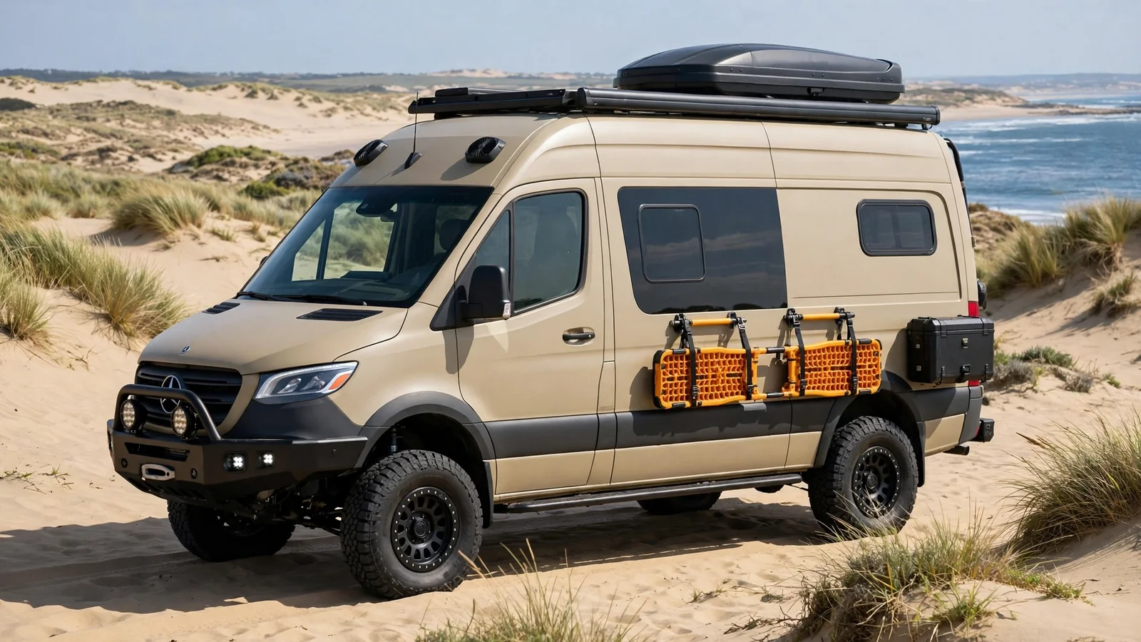 Sand-colored lifted camper van with sand ladders on coastal sand dunes