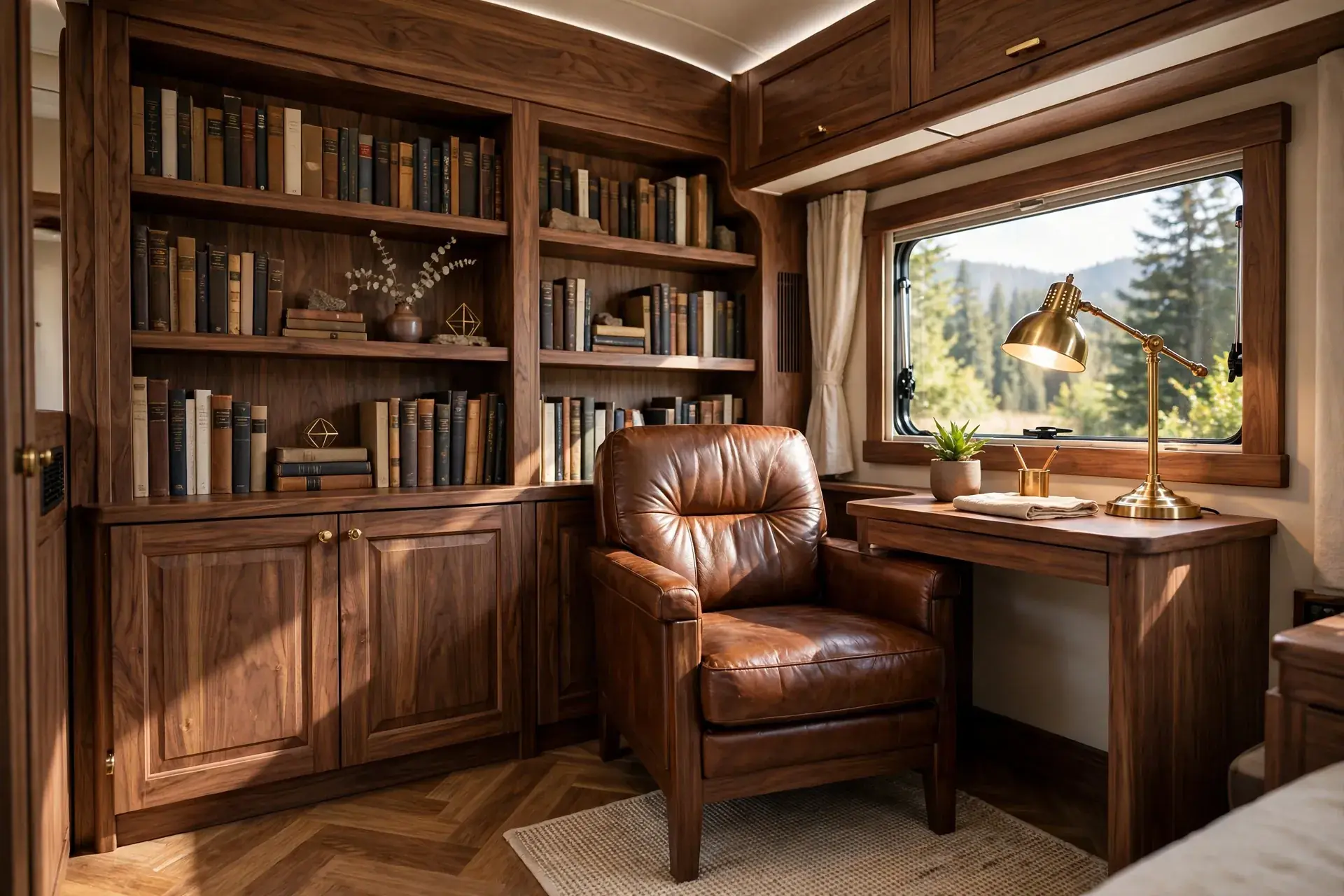Luxury motorhome walnut library nook with leather armchair and brass lamp
