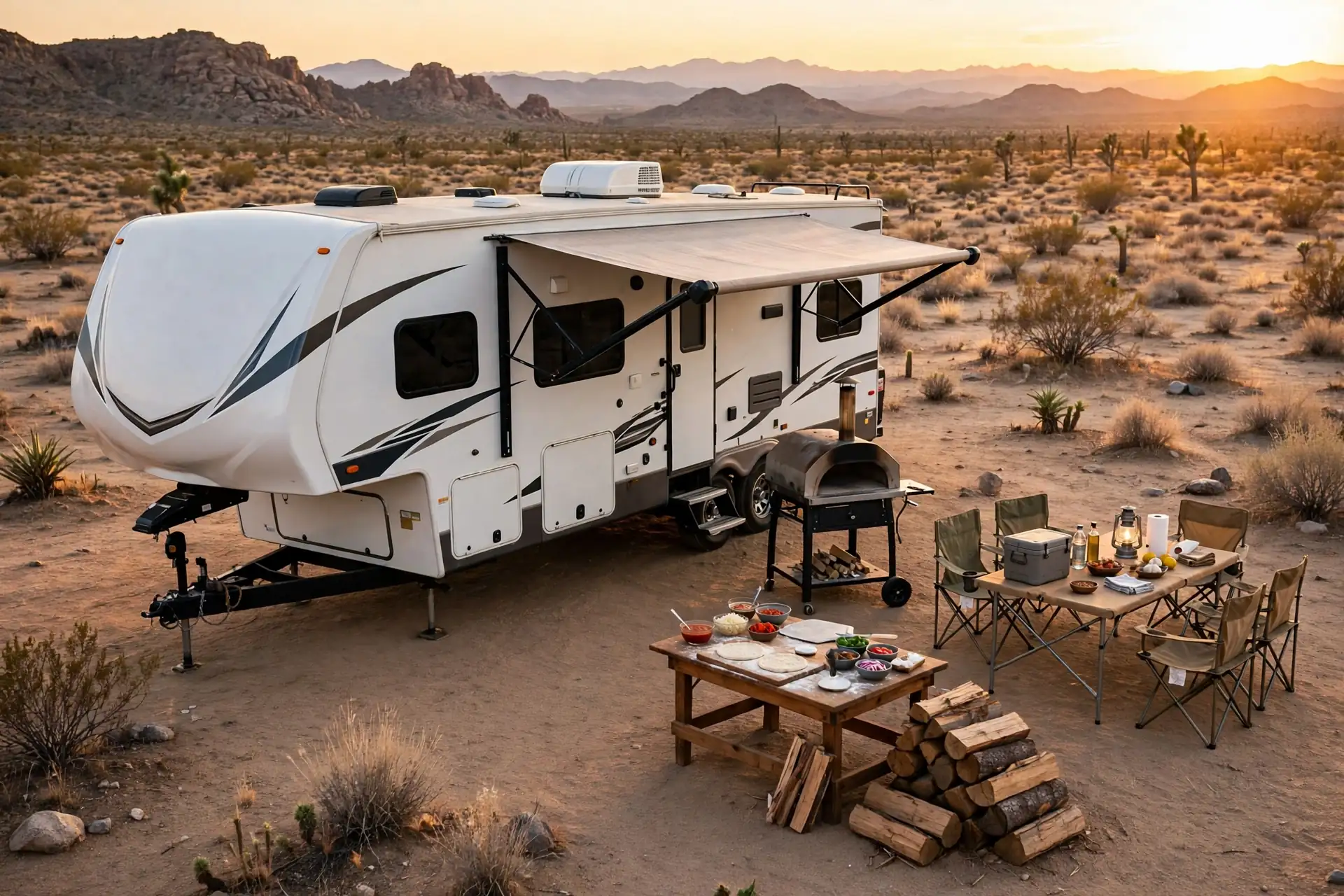 Portable pizza oven on a stand beside a fifth-wheel RV at a desert campsite