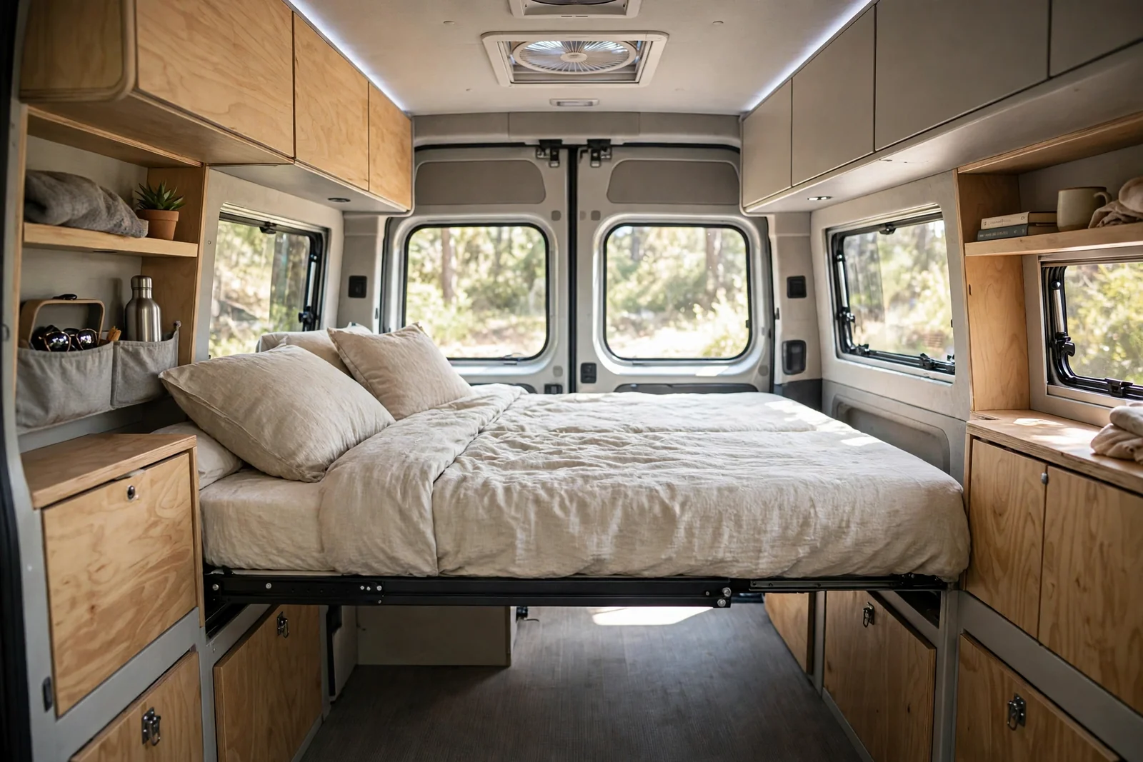 Photorealistic camper van interior showing a fixed rear double bed fully extended on a slide-out frame, dressed with natural linen bedding and pillows, flanked by light wood side cabinets and rear windows letting in daylight