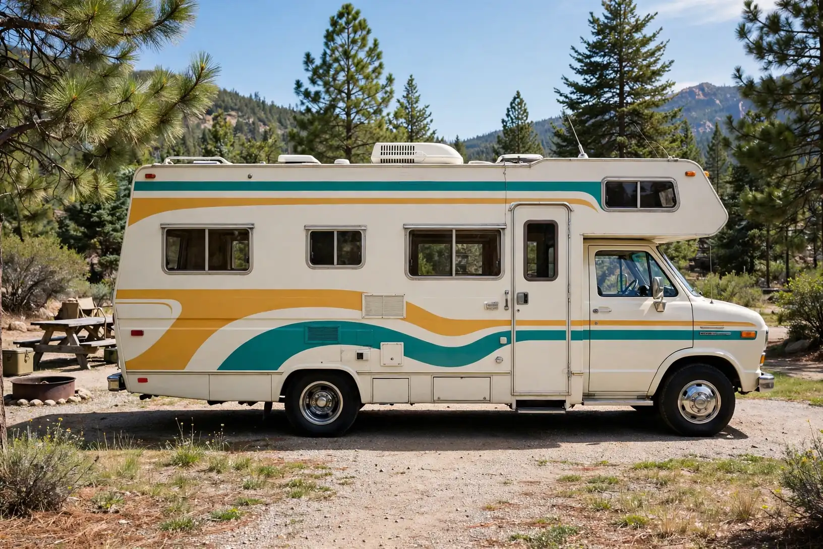 Retro cream and teal 1970s motorhome exterior, full side view