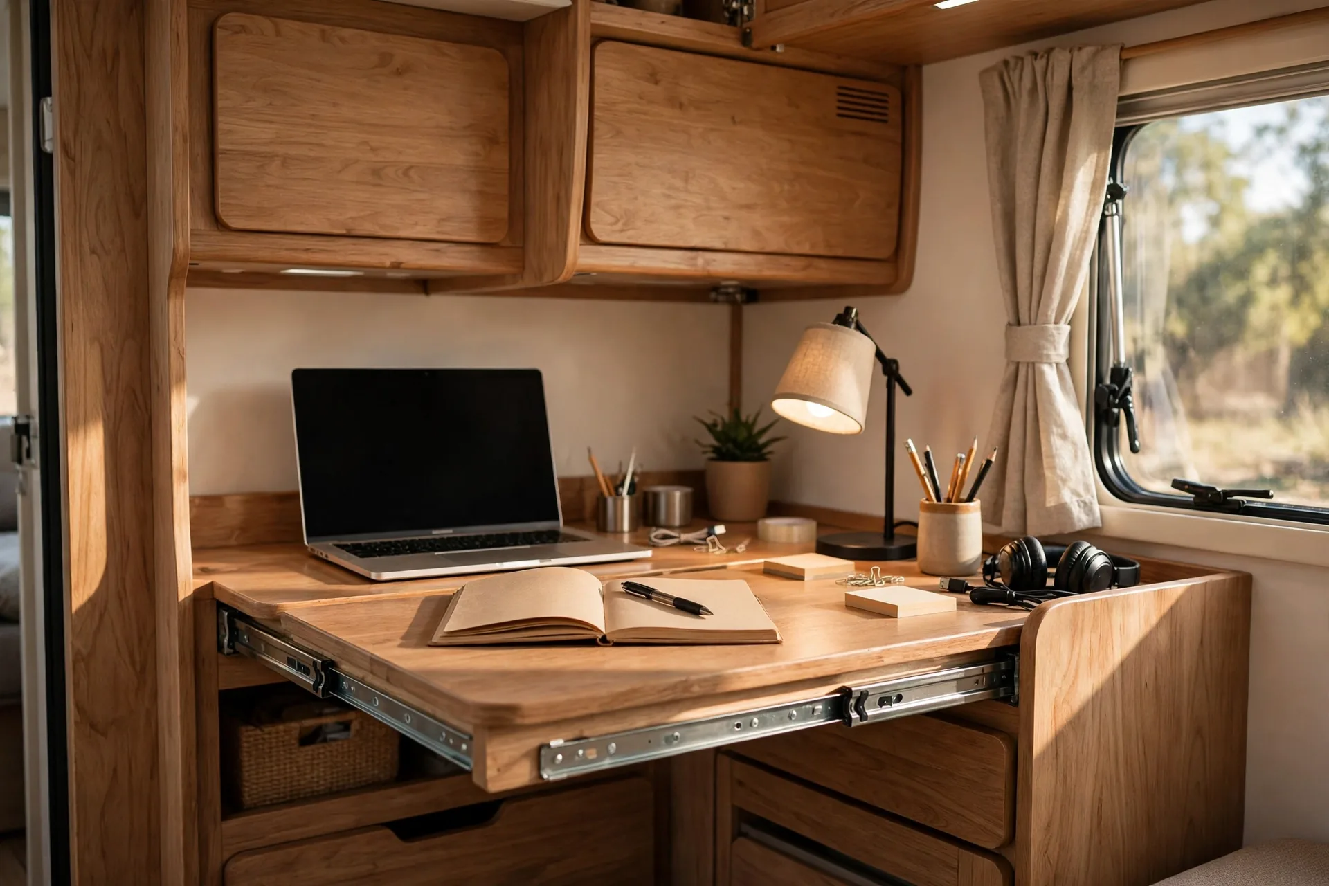 Wooden slide-out desk drawer pulled out in an RV workspace with a laptop, open notebook, desk lamp and office supplies