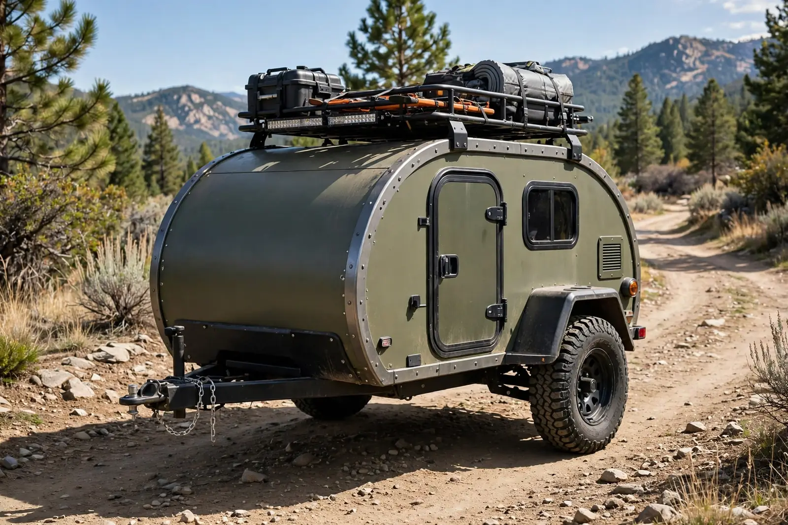 Rugged olive off-road bean camper trailer with knobby tires and a loaded roof rack parked on a dirt trail in the mountains