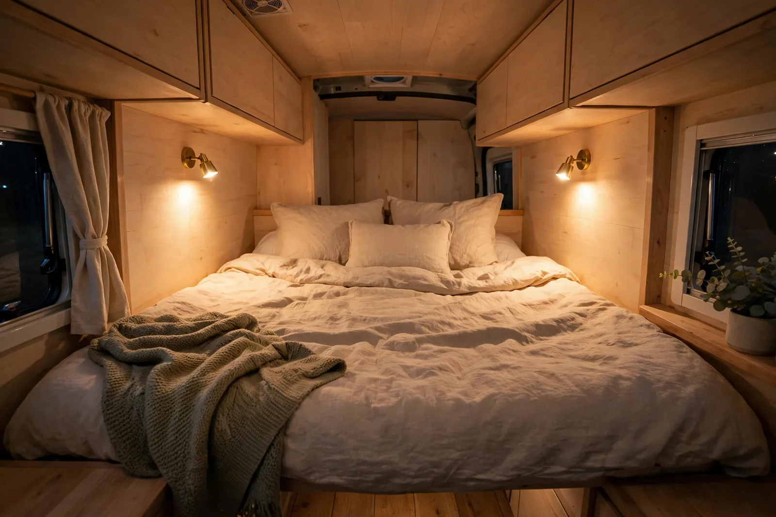 Cozy camper van bed with small warm wall sconce reading lights mounted on light wood panels on both sides of the bed
