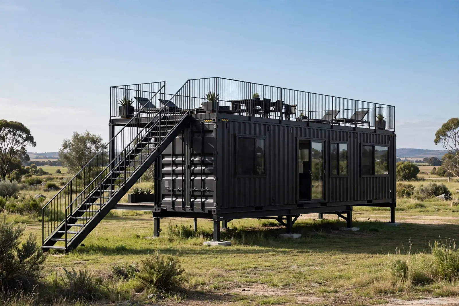 Black container home with rooftop deck, slim black steel railings and external staircase on steel piers