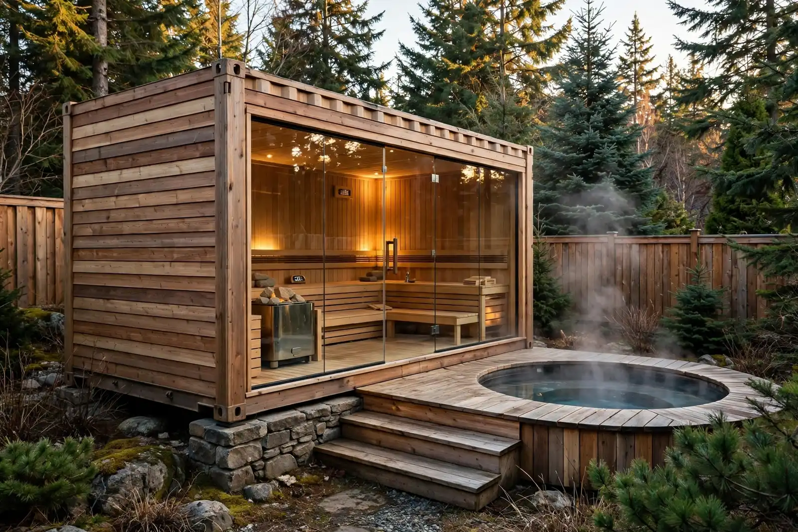 A cedar-clad container sauna with glass front beside a round plunge pool