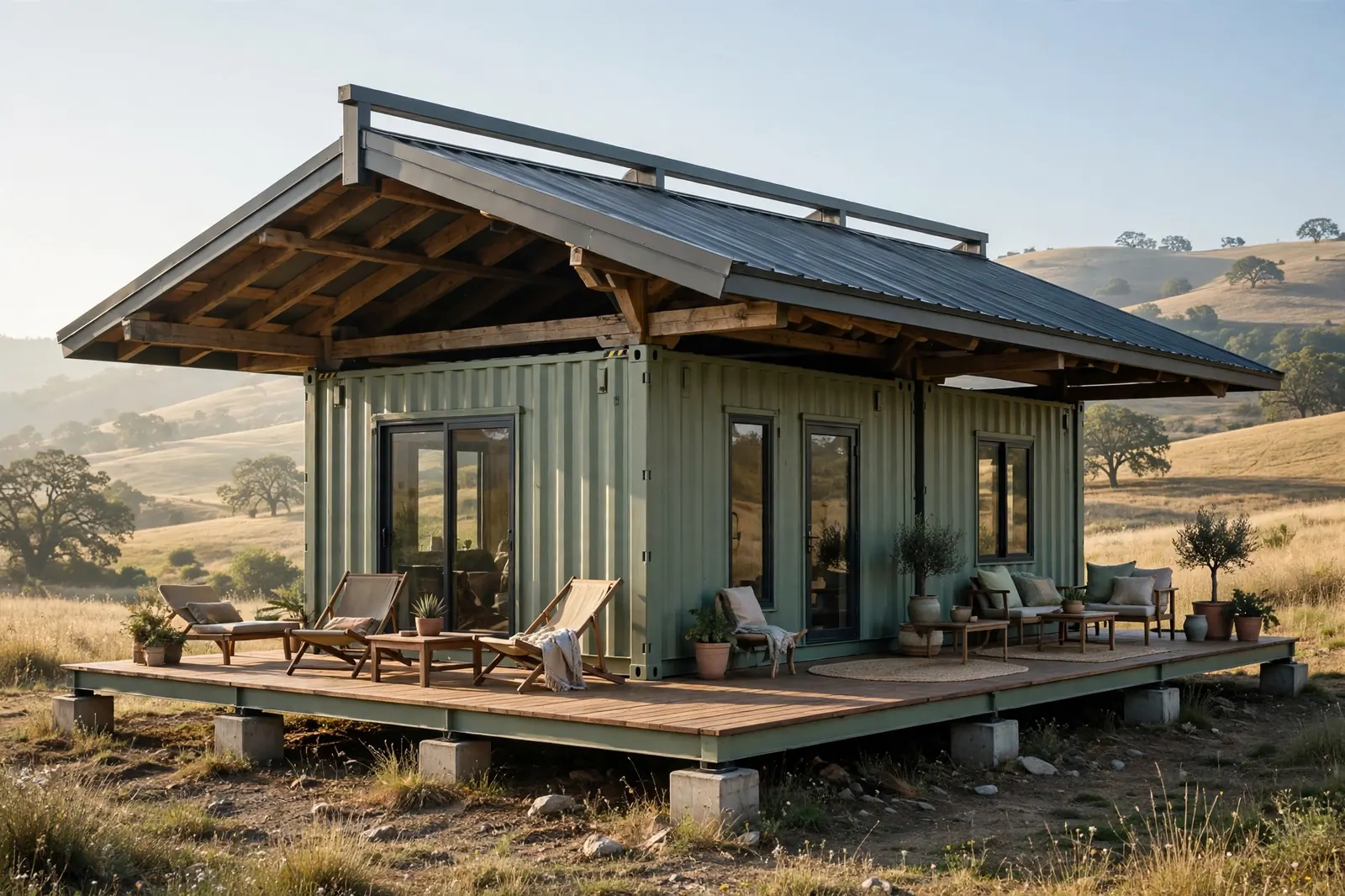 Sage-green container home on concrete piers under one large standing-seam metal roof with very deep overhangs shading a wraparound wooden deck patio.