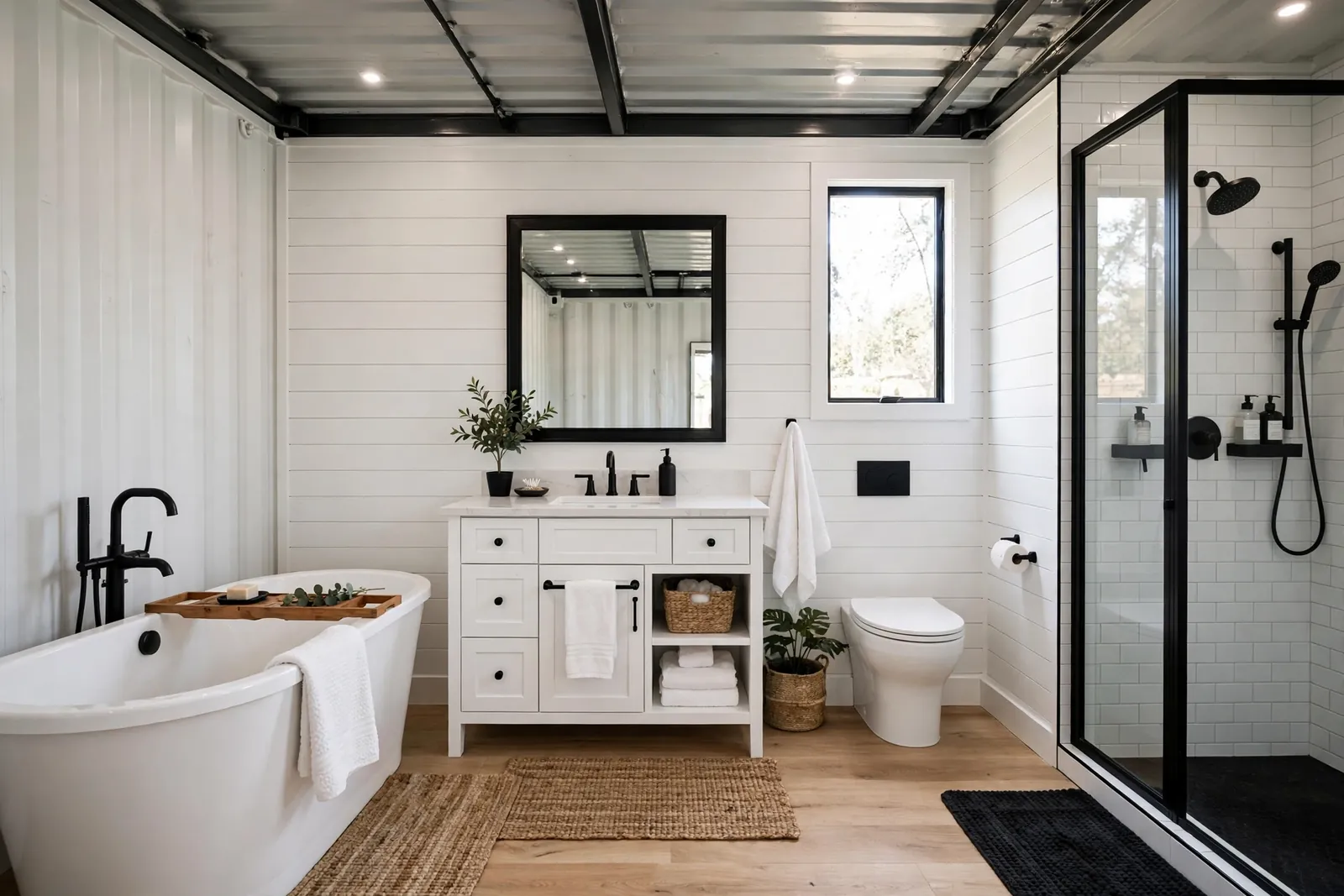 Complete container home bathroom with white shiplap walls, freestanding tub, black-framed walk-in shower and shaker vanity