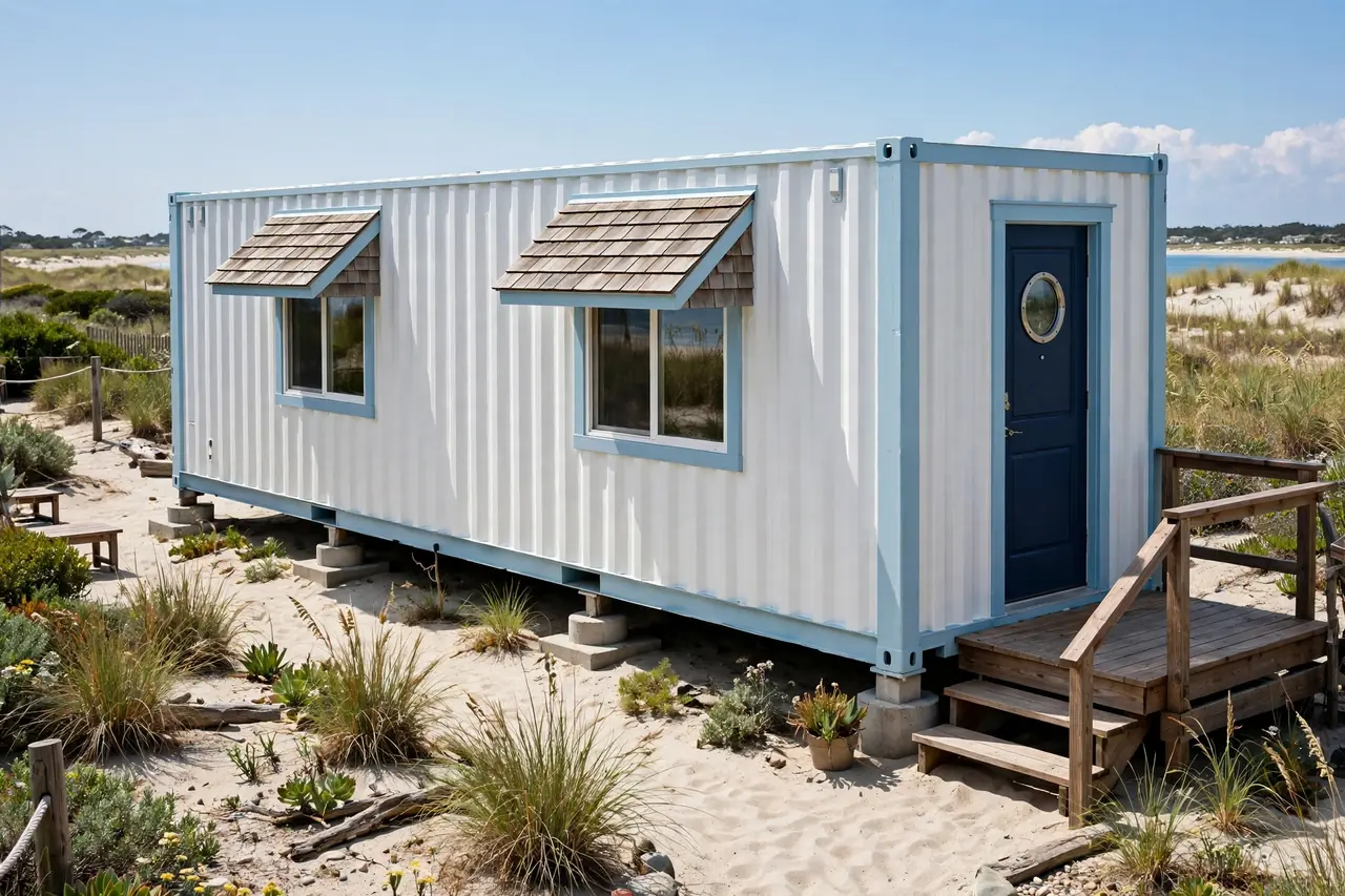 White coastal cottage shipping container with blue trim and shingle window awnings
