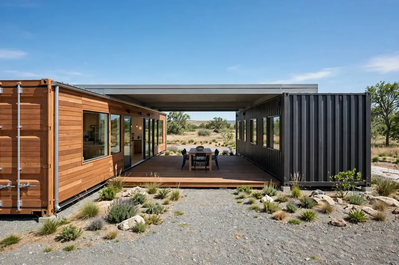 Two 40-ft containers in cedar and charcoal standing parallel under one spanning roof, with a covered breezeway deck and dining table between them in bright daylight.