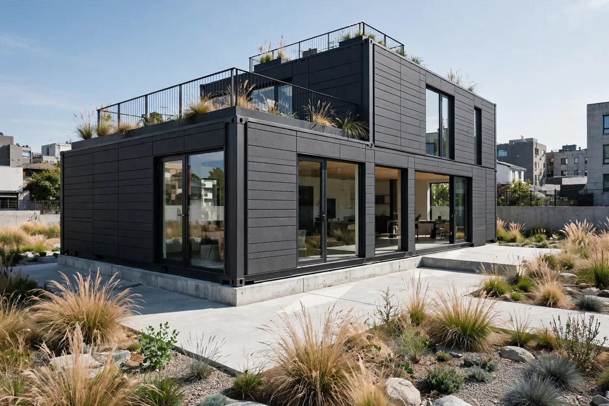 Container home clad in large charcoal fiber-cement panels on a small urban lot with a concrete courtyard
