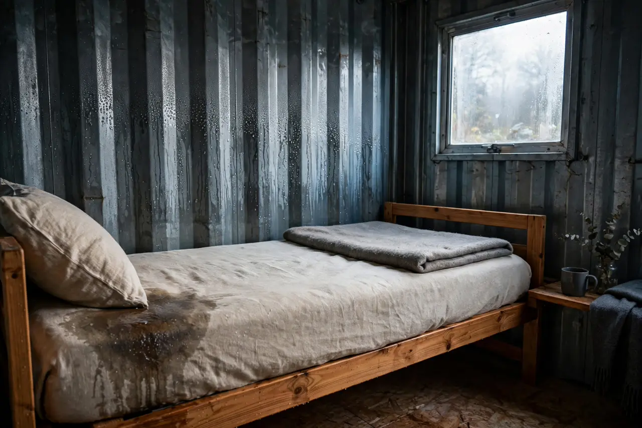Container bedroom interior with condensation dripping down a bare corrugated steel wall above a wooden bed, damp mattress corner