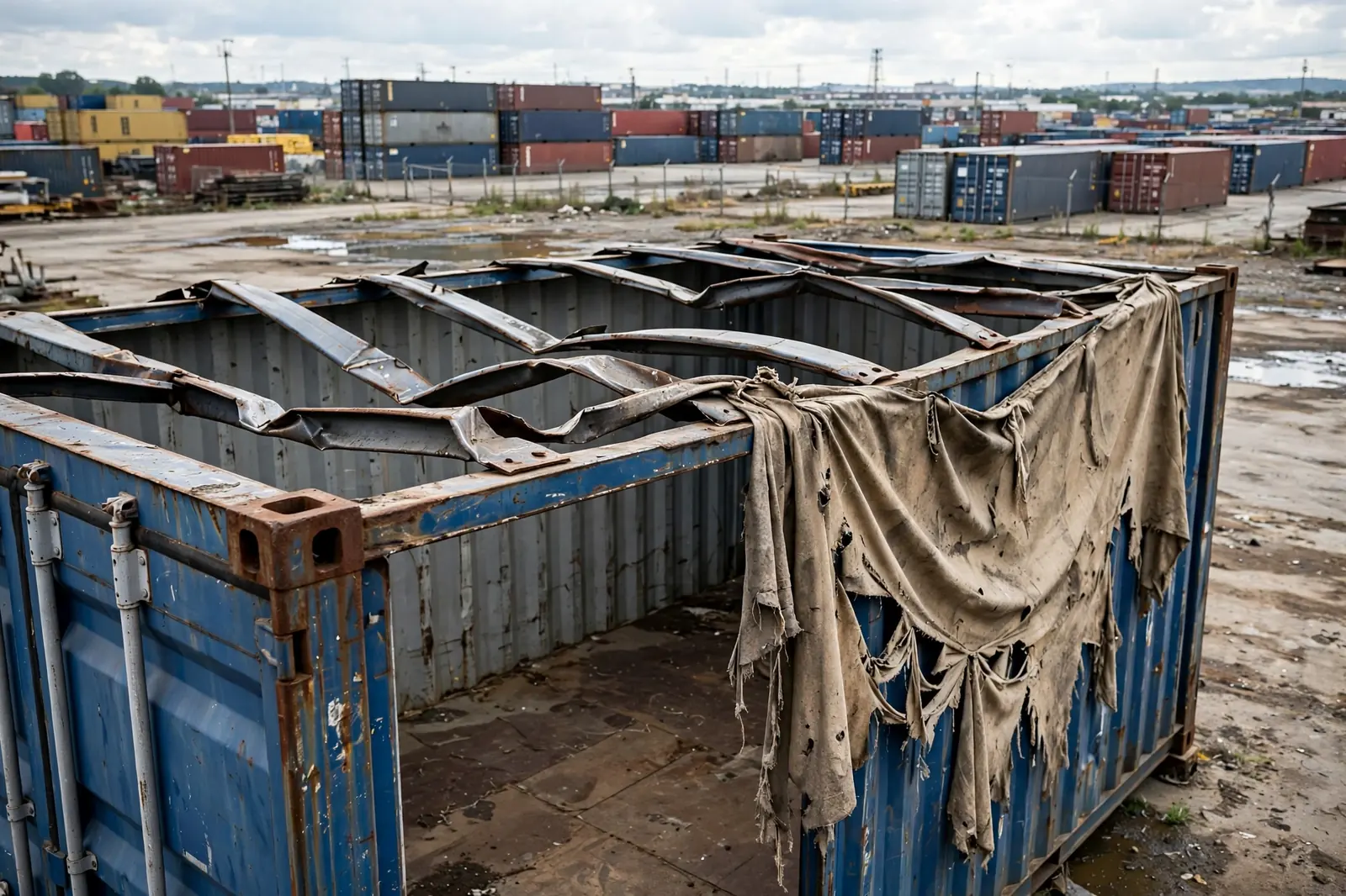 Open-top shipping container with torn tarp and bent roof bows in a depot yard