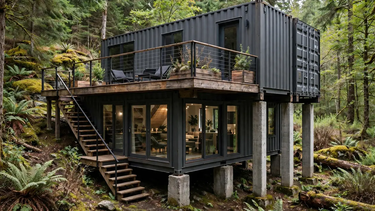 Raised black container home on tall concrete piers with finished living space beneath the deck