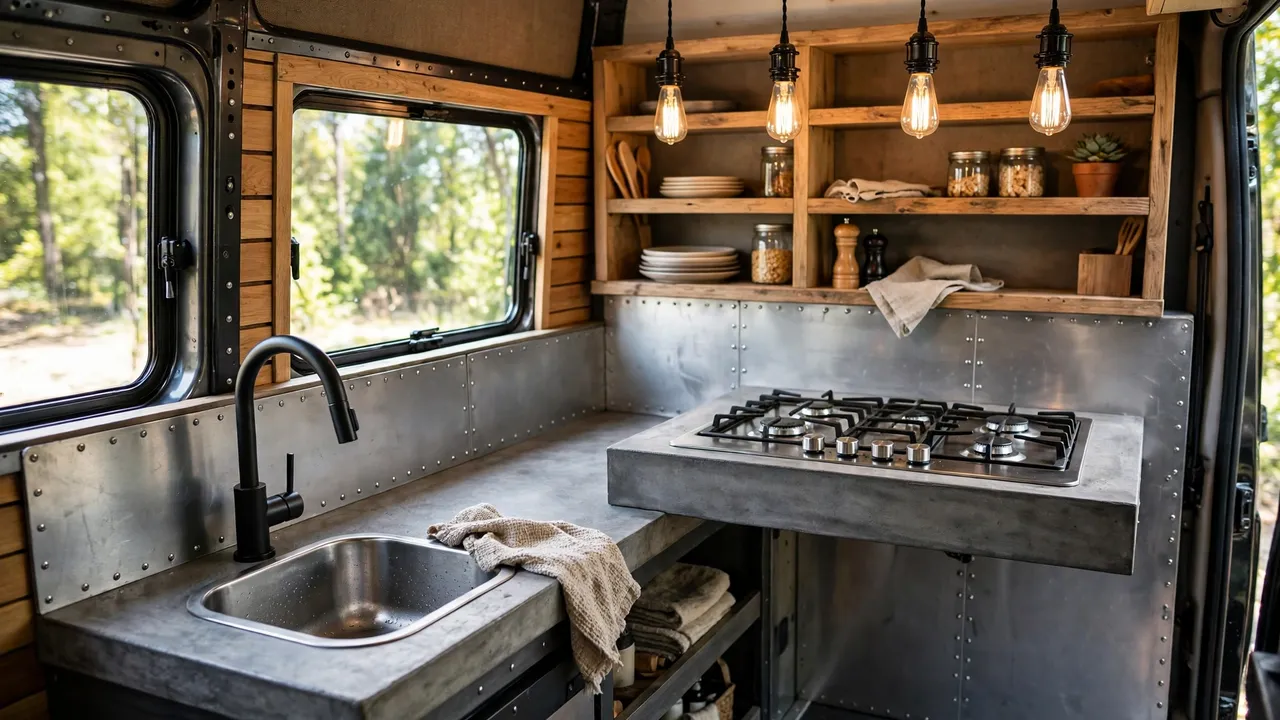 Camper van kitchen with split-level counters, raised cooktop and metal backsplash