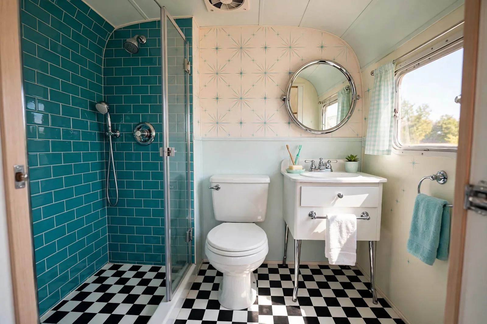 Retro teal RV bathroom with chrome fixtures, glossy tile, checkerboard floor