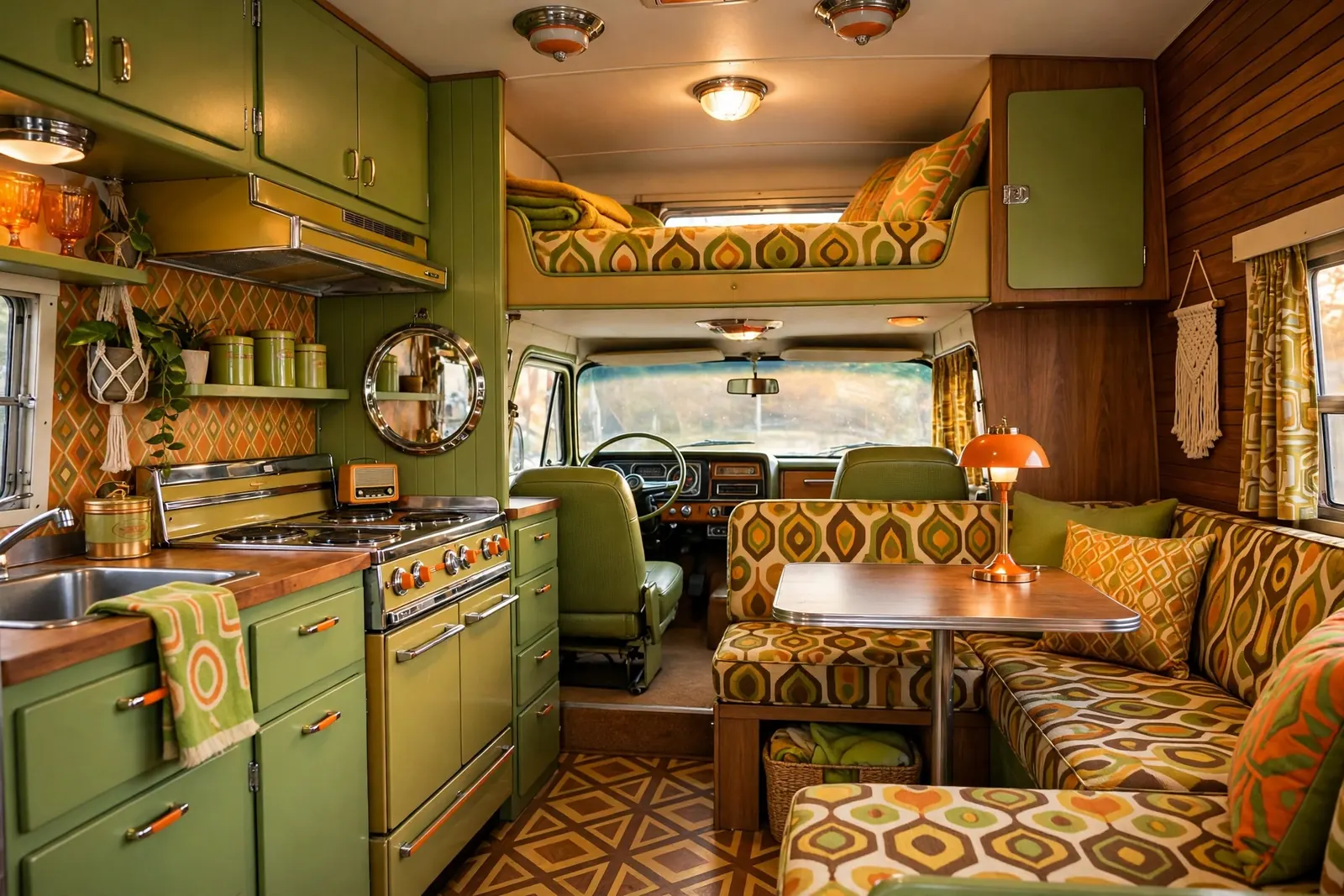 A 1970s retro renovated Class C motorhome interior with avocado-green cabinets and chrome handles, harvest-gold and orange geometric patterned upholstery, a round chrome-edged mirror, a vintage chrome-and-amber glass ceiling light, and a patterned cab-over bunk.