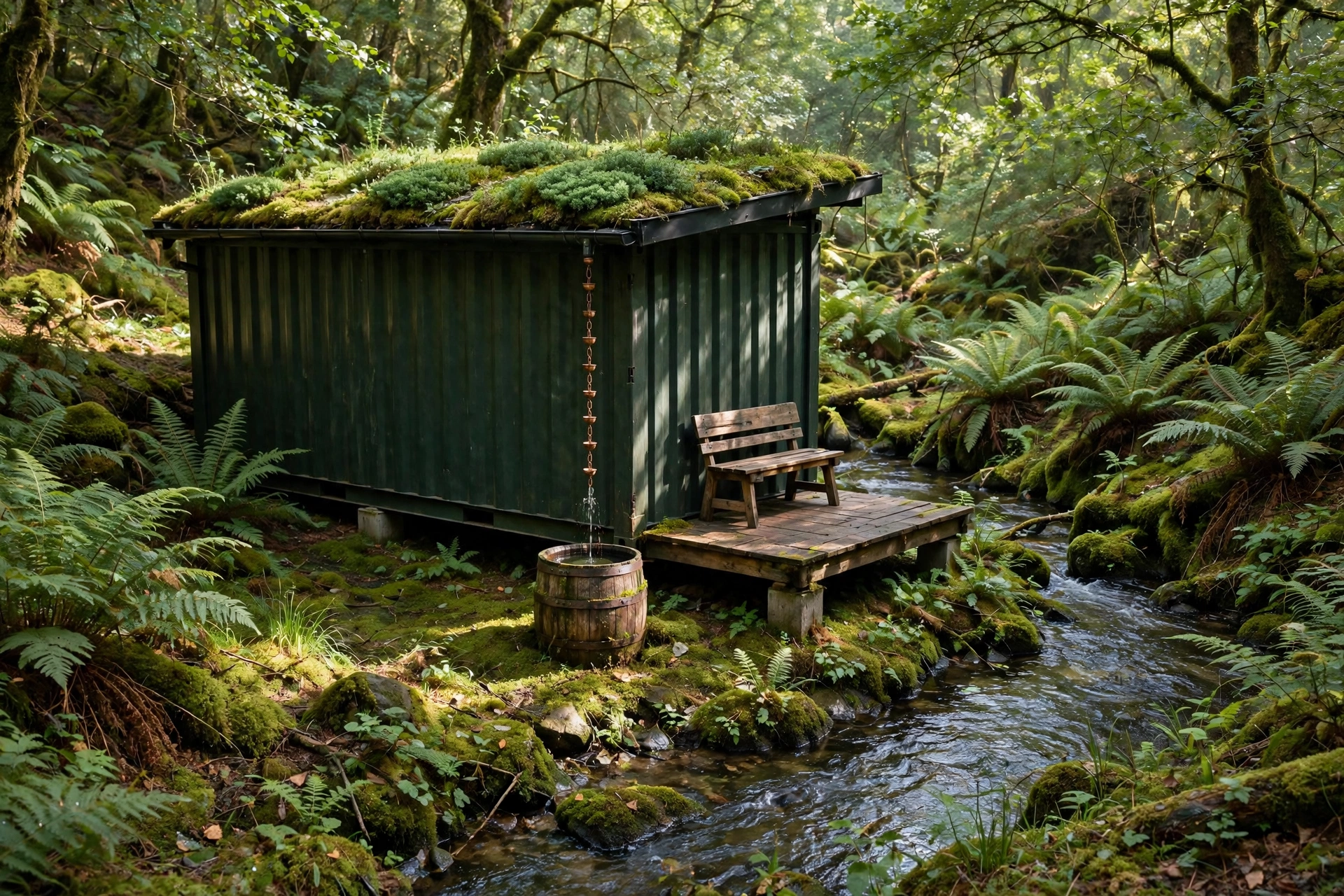 Off-grid dark green container cabin sunk into a mossy woodland floor on short piers with a living moss roof, rain chain, and bench by a stream